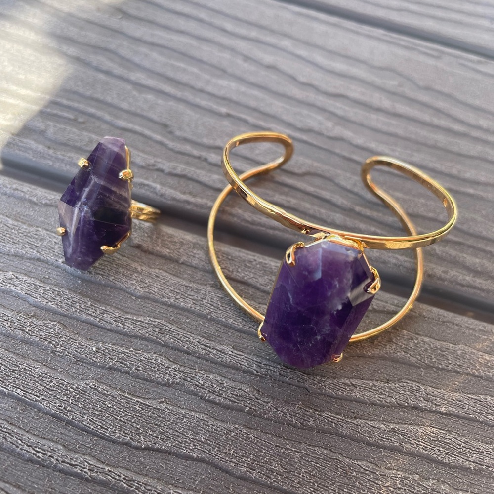 Amethyst Statement Set Adjustable Gold Cuff & Rin… - image 1